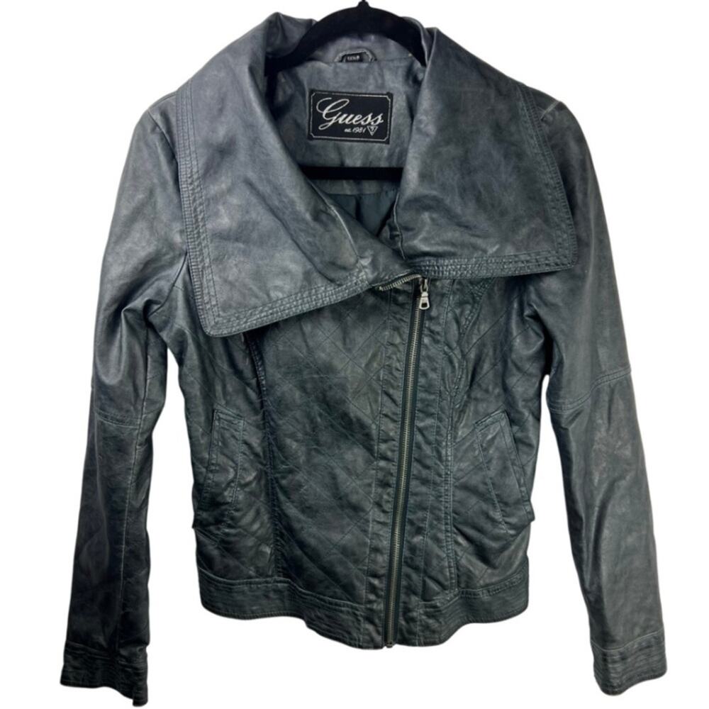 Guess, Quilted Faux Leather Jacket, Dark Teal, Polyurethane, Moto Style Small